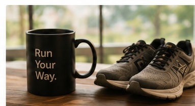 A Run Your Way mug with running shoes