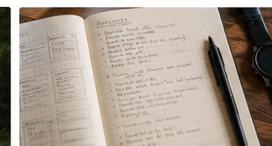 A notebook filled with running-plan notes beside a watch