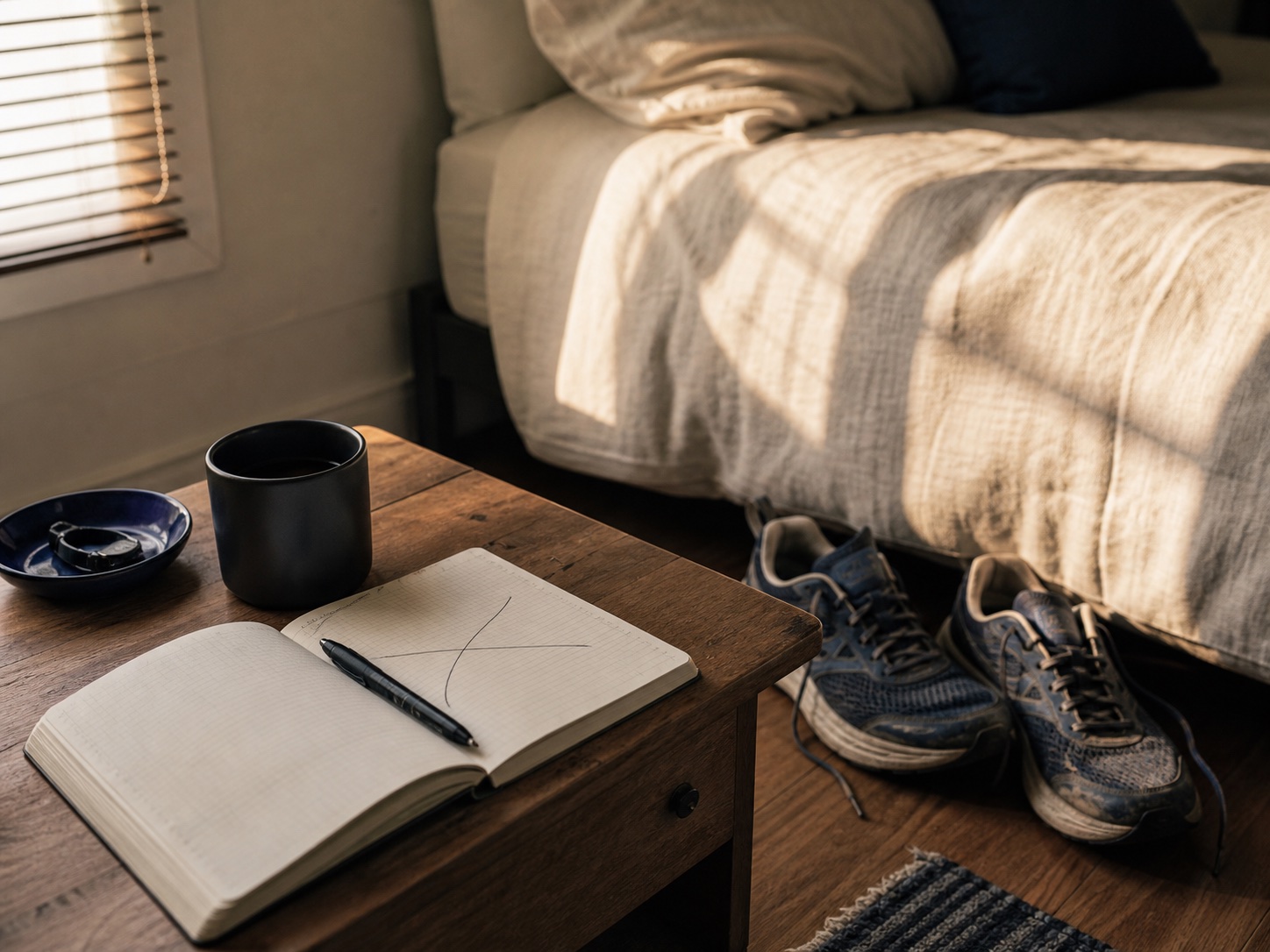 Running shoes, a notebook, and coffee beside a sunlit bed