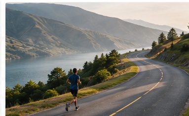 A runner on a road through green hills