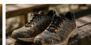 Running shoes on a park bench
