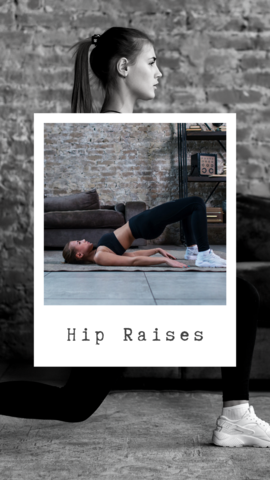 Woman lying on her back with knees bent, hips pressed up toward the ceiling in a glute bridge