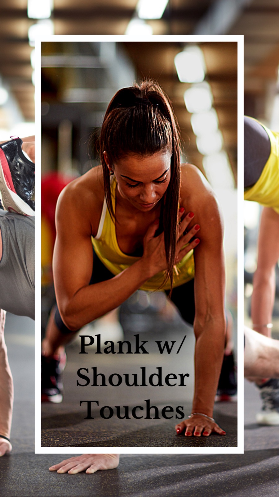 Woman in a high plank lifting one hand to touch the opposite shoulder while keeping her hips square