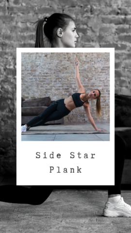 Woman holding a side star plank, balancing on one hand and the edge of her feet with the top arm reaching to the ceiling