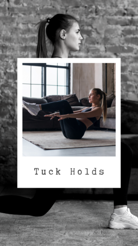 Woman balancing on her sit bones in a tuck hold, knees pulled toward her chest and arms extended forward