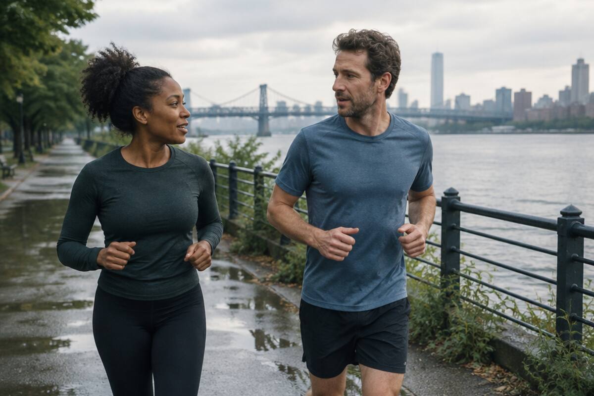 Two recreational runners talking while jogging at an easy pace on a riverside path