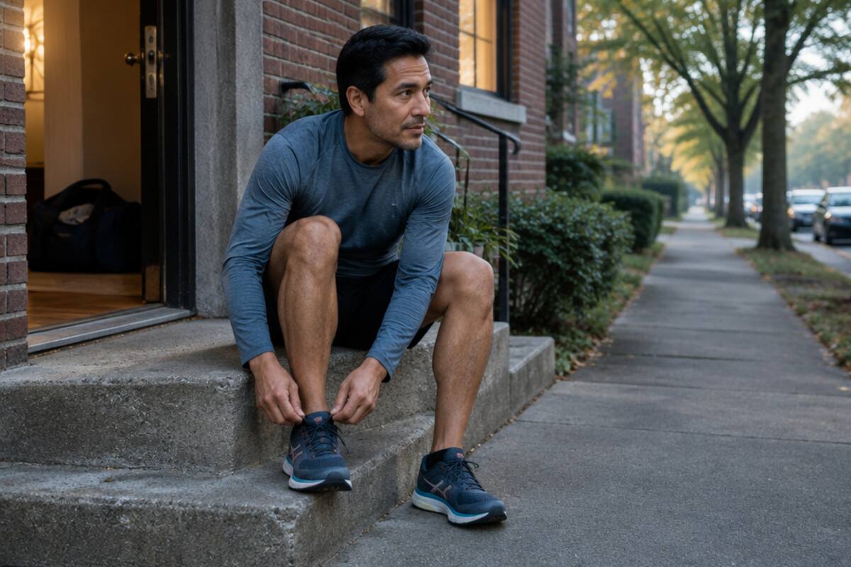A recreational runner tying his shoe outside an apartment before returning to running