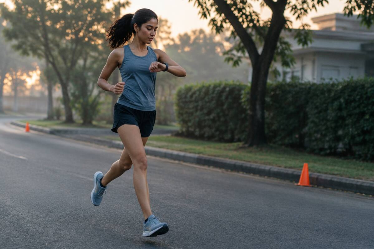 A recreational runner checking her watch during a controlled pacing effort on a quiet road