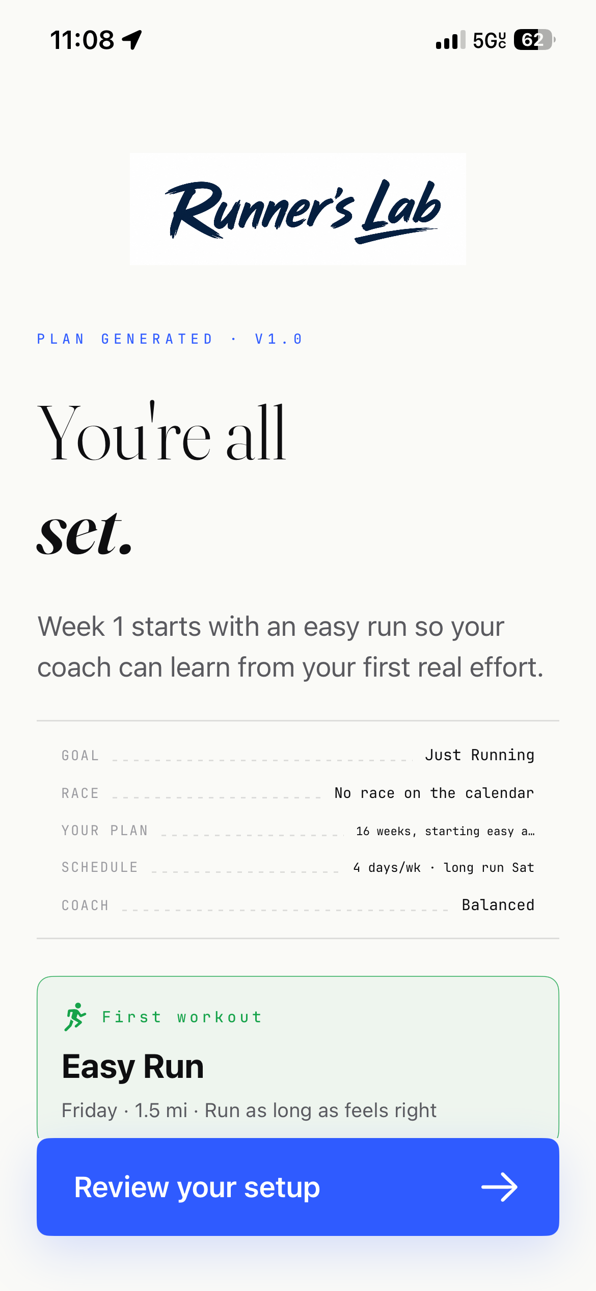 Runner's Logbook plan summary and first workout